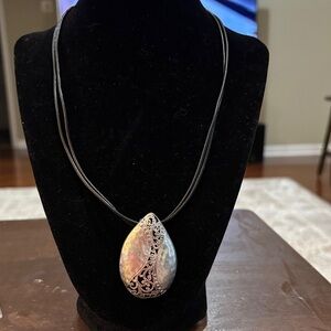 Artisan Silver-Tone Teardrop Pendant Necklace with Black Cord
